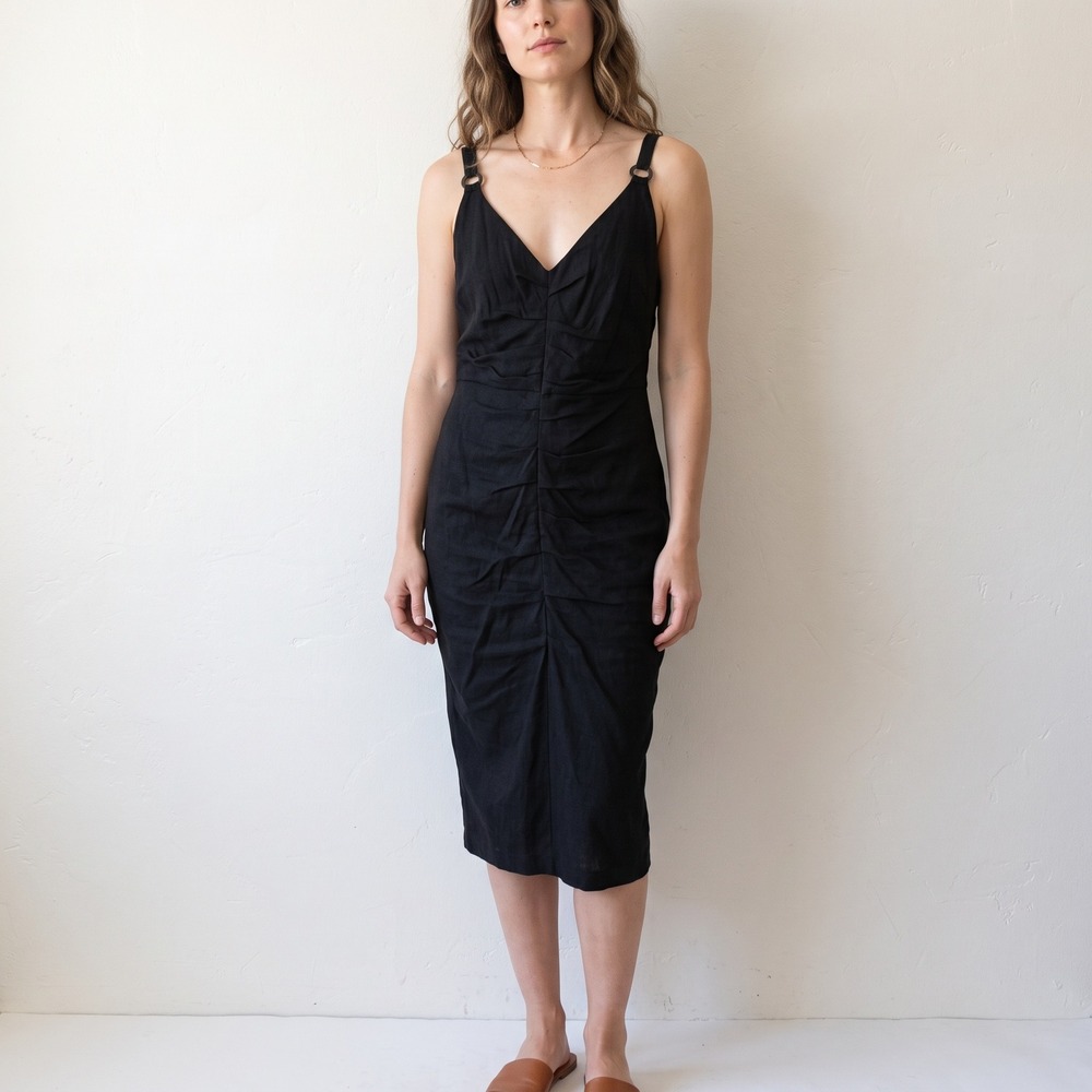 Bec + Bridge Womens Dress 8 Black Ruched Linen V-Neck Bodycon LBD Australian